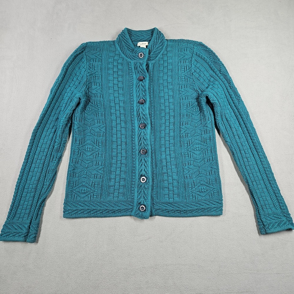 LL Bean Cardigan Sweater Womens Small Basket Weave Pattern Green Classic Holiday